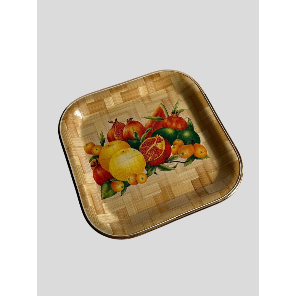 Vintage Fruit Tray Faux Woven Bamboo Square 8 Inch Mid Century Decor